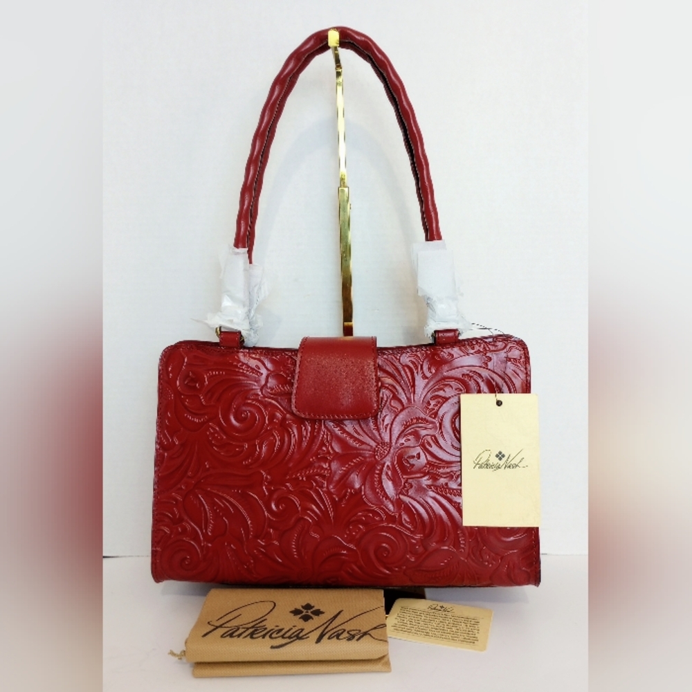 NWT Patricia Nash Rosewood Red Tooled Leather Rienzo Shoulder Satchel Purse